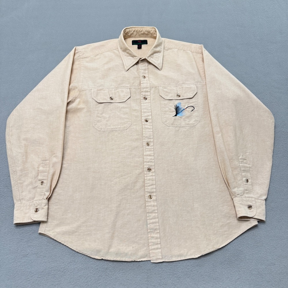 Abercrombie & Fitch Shirt Mens L Tan Cotton Fly Fishing Embroidery Long Sleeve